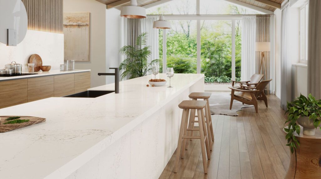 Natural light-filled kitchen with wood cabinetry and plants representing Pure Living Lab's mission of elevated everyday living
